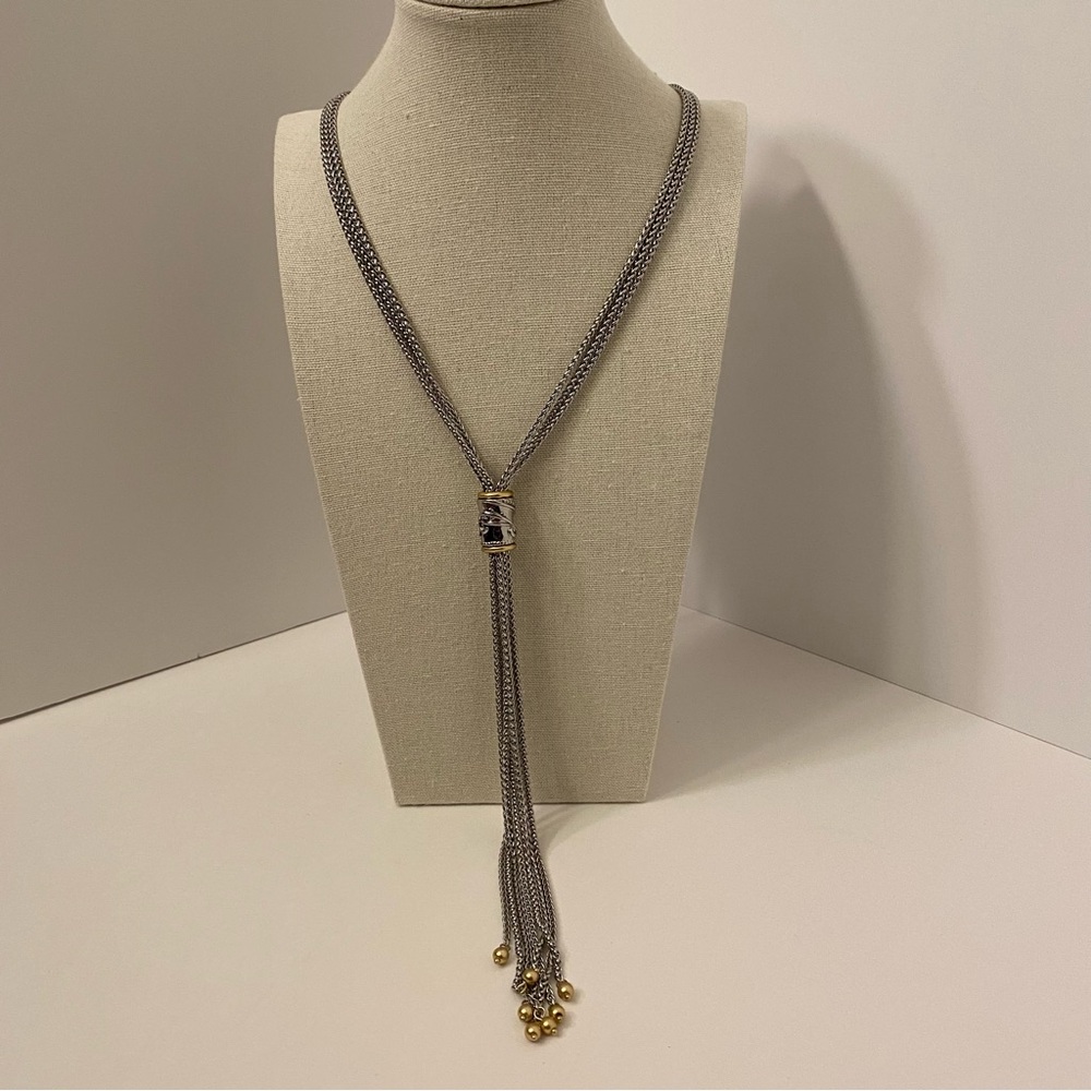 Chico’s Silver Tone Lariat Necklace 20” Barrel Pendant Gold Tone Tassel Beads